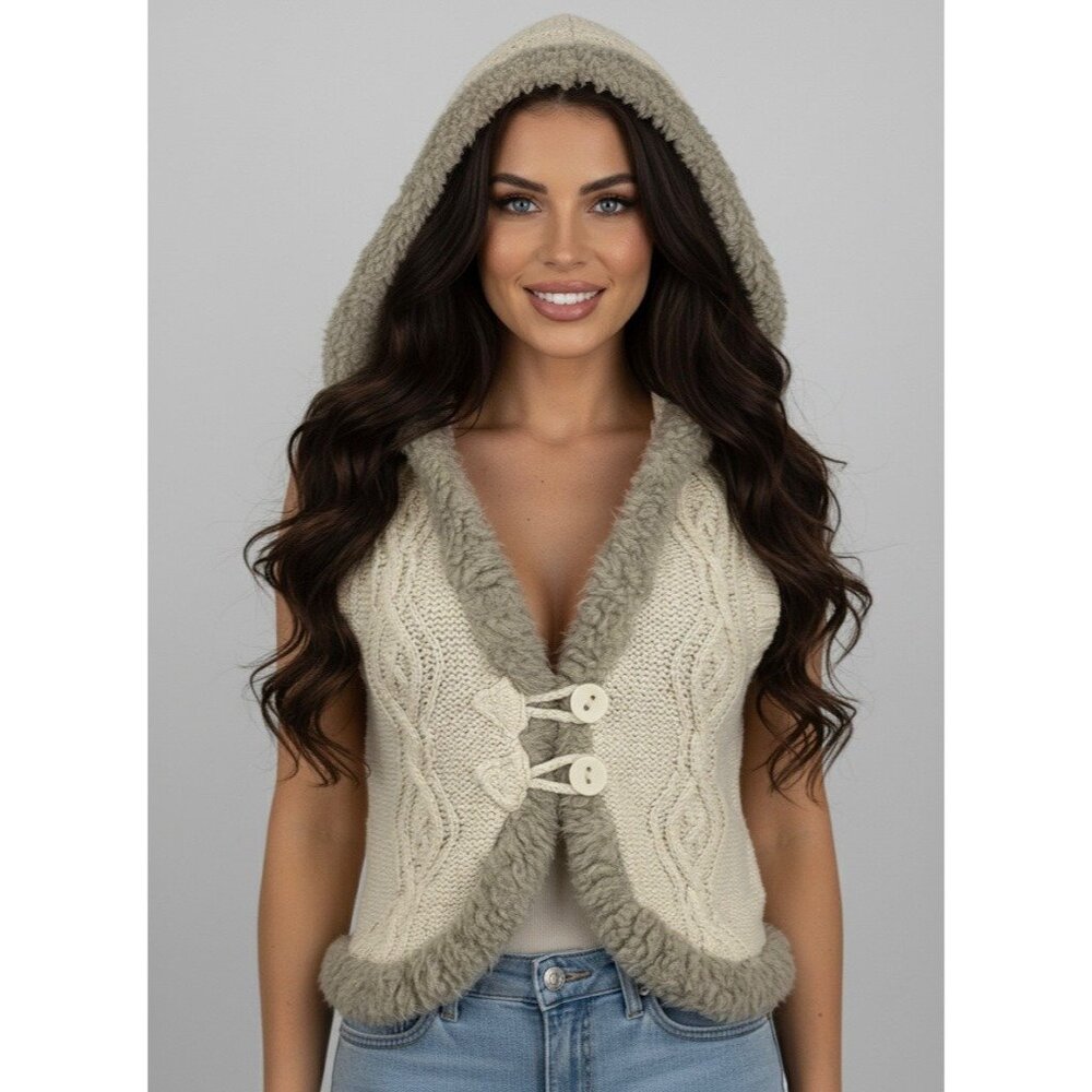 Vtg Y2K Old Navy Cream Cable Knit Faux Shearling Trim Hooded Boho Sweater Vest L - Picture 3 of 16